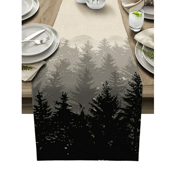 Table Runner Dresser Scarves 90 Inch Long, Autumn Misty Mountain Forest Linen Dining Table Runners Black Grey Tree Shadow on Linen Tabletop Scarf for Wedding Holiday Party Kitchen