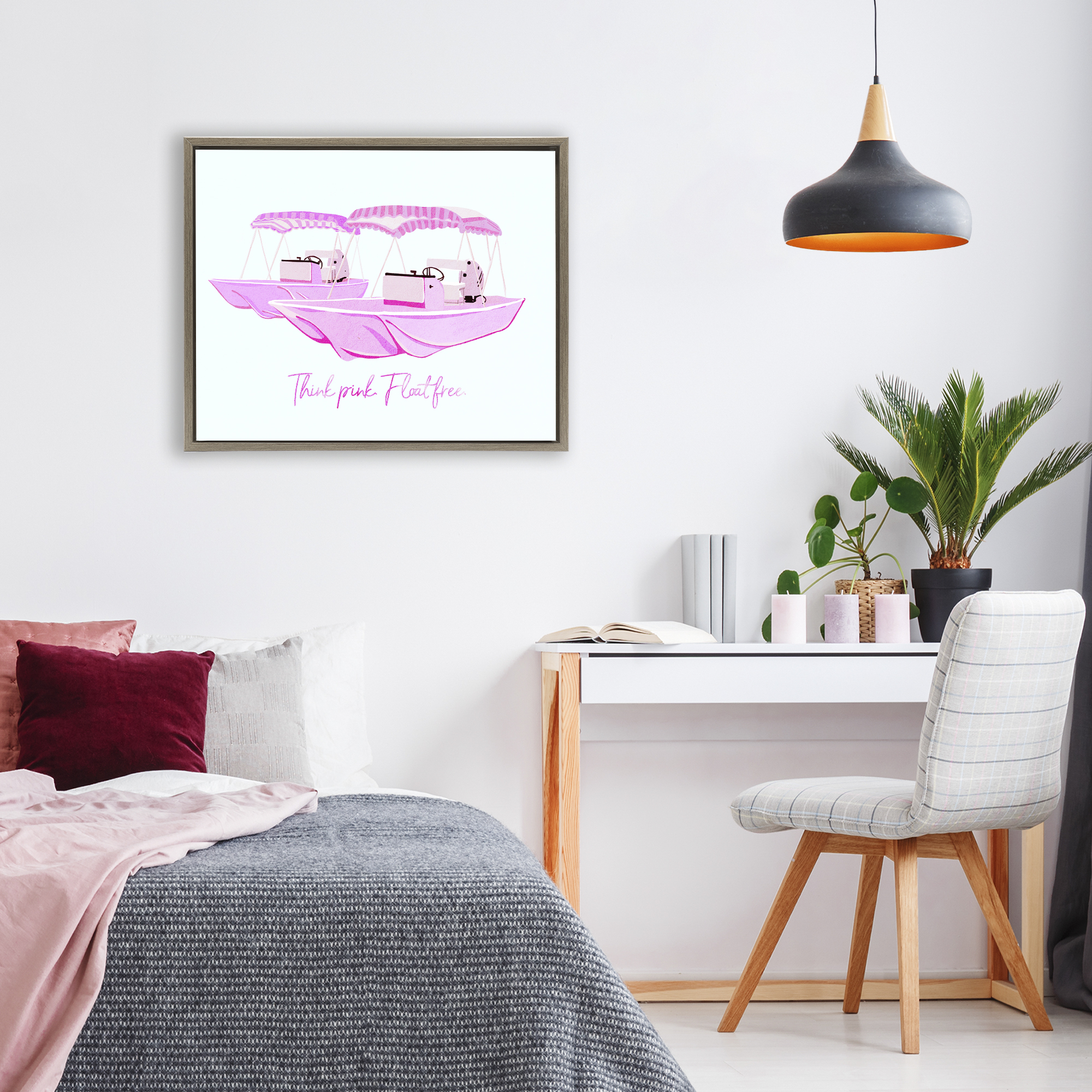 Think Pink Float Free Boats Brown Framed Floater Canvas Wall Art, design by Ziwei Li