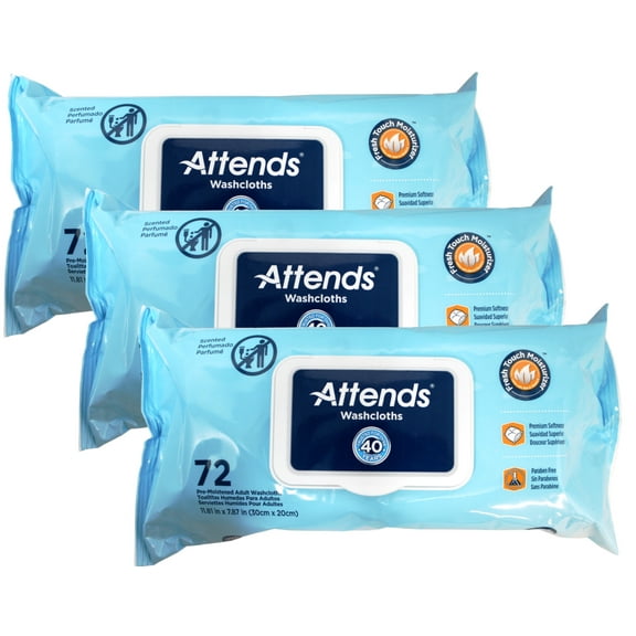 Attends Scented Washcloths for Adult Incontinence Care, Hypoallergenic, Latex and Alcohol Free, 7.8" x 11.8" Wipes, 72 Count - 3 Pack