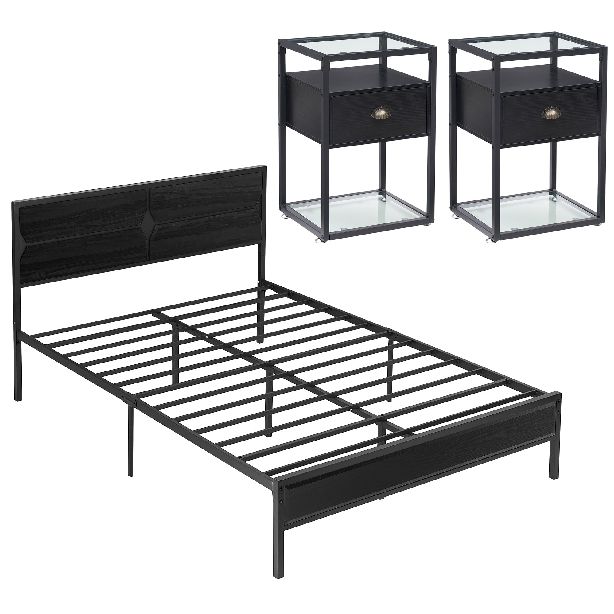VECELO 3Piece Bedroom Set Queen Platform Bed Frame and Glass Top Nightstand in Black