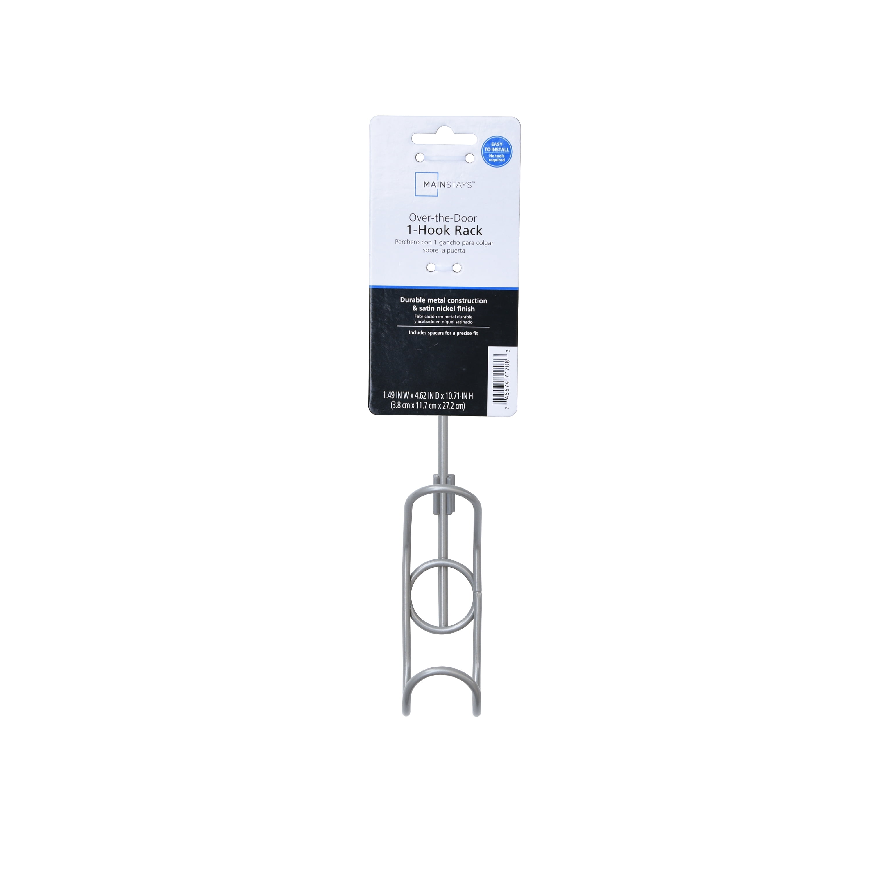 Mainstays Over-the-Door Single Hook, Metal Satin Nickel Finish