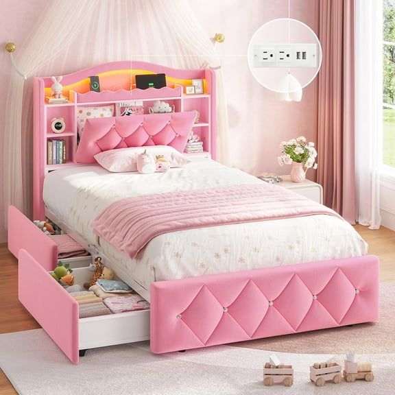 Pink Bed Frame Twin Upholstered Princess Beds with Bookcase Headboard and 2 Storage Drawers for Girls, Diamond Tufted Velvet Platform Twin Bed Frame with LED Lights & Charging Stations