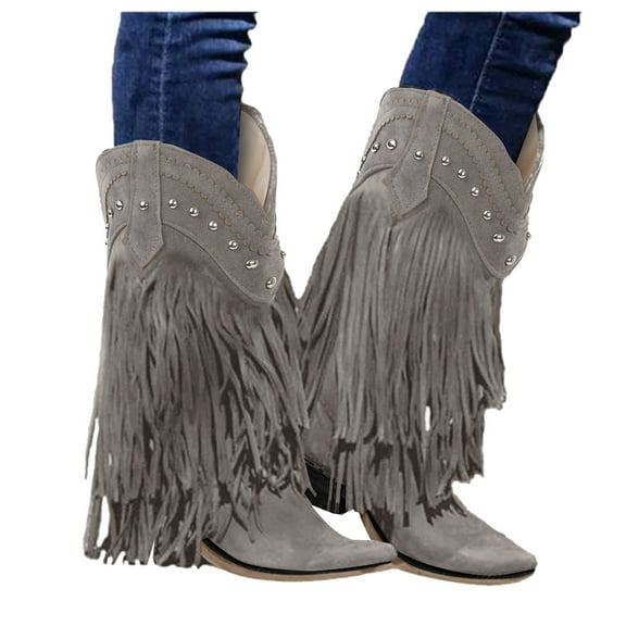 Mostsola Suede Cowboy Boots for Women Pull on Western Fringe Heel Wide Mid Calf Boots