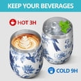 thumbnail image 4 of 12oz Stemless Wine Tumblers Blue Pioneer Flower and Bird Vacuum Insulated Stainless Steel Travel Tumbler Cups Mug with Lid and Straw for Champaign,Cocktail,Beer with Cleaning Brush, 4 of 5