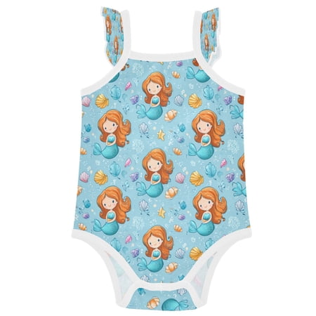 TTYFWHD Infant Toddler Baby Girl Romper Little Mermaids and Seashells Ruffle Sleeveless Cotton Summer One Piece Bodysuit 3-24M