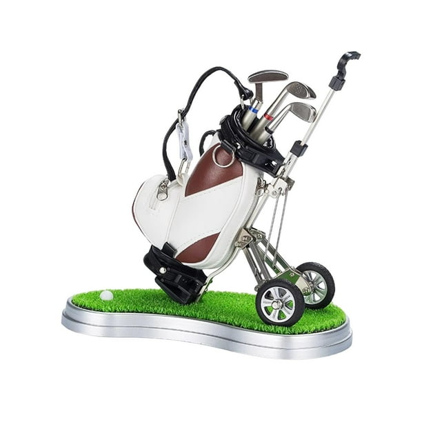 Mini bolígrafos de golf con soporte para bolsa de golf y carrito, 20 x 12 x 20 cm, juguete de escritorio de golf para el hogar Blanco Marrón