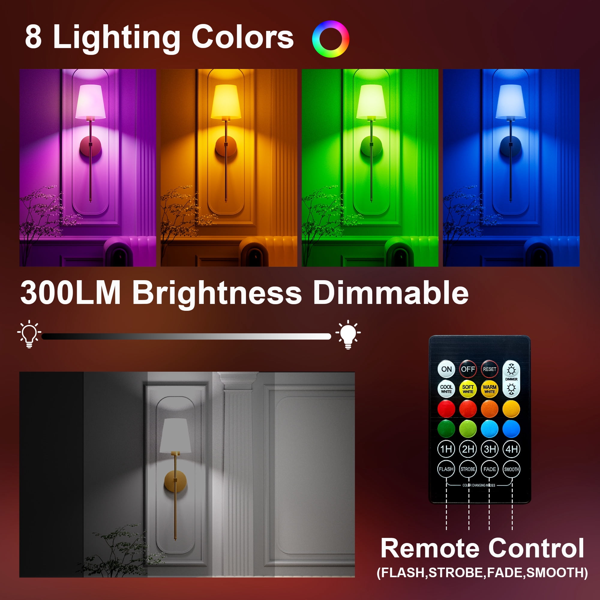 DAYBETTER Battery Operated Wall Sconces Set of 2, Wireless Rechargeable 3 Color Temperature + RGB Indoor Wall Lights, 10 Brightness Level Remote Wall Lamps for Bedroom, Living Room Night Light