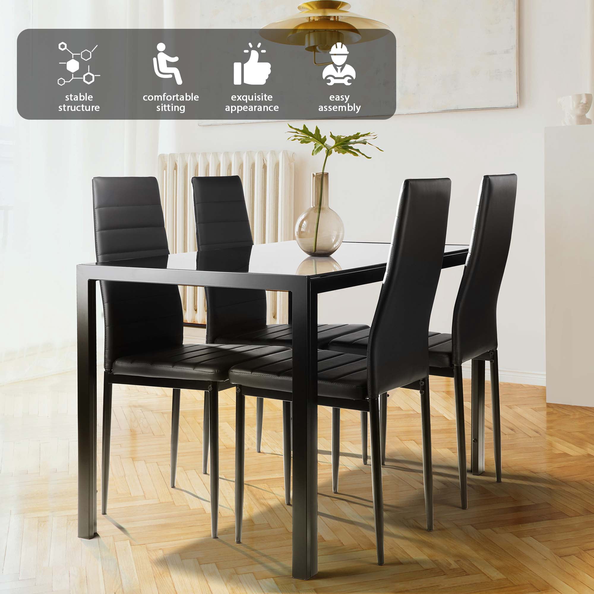 Aukfa 5-Piece Dining Table Set for Dining Room, Kitchen, Dinette, w/Glass Tabletop, 4 Faux Leather Metal Frame Chairs - Black