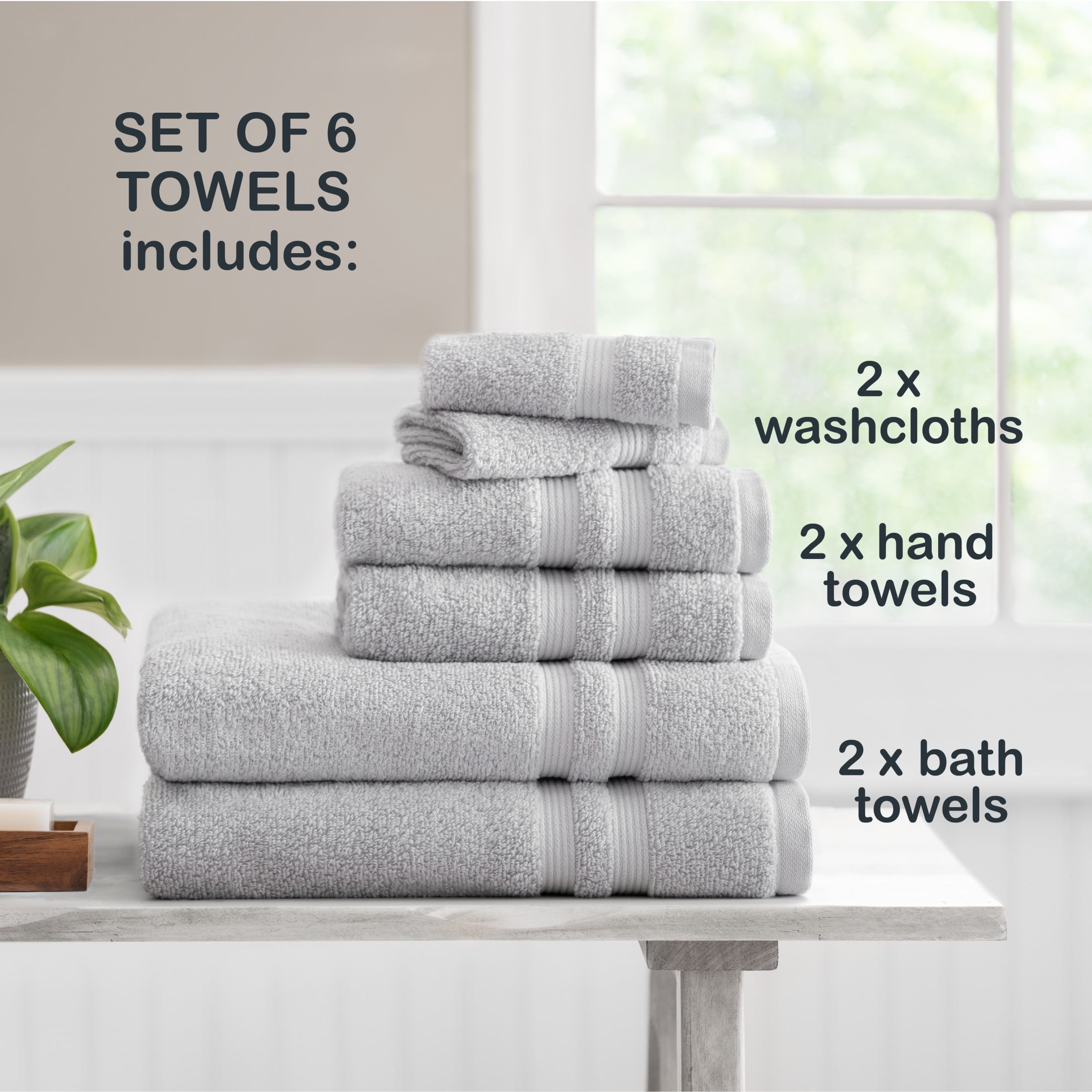 Mainstays Performance Cotton 6-Piece Bath Towel Set, Super Soft Quick Dry Fade Resistant, Solid Silver