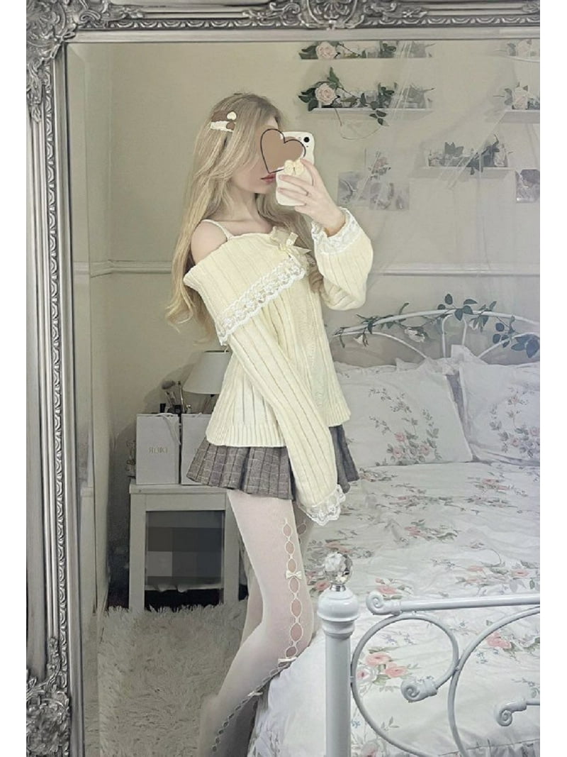 Women Fairy Off Shoulder Lace Trim Sweater Y2k Kawaii Long