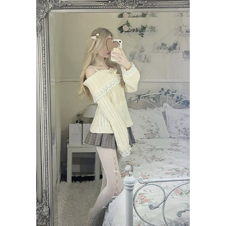 Women Fairy Off Shoulder Lace Trim Sweater Y2k Kawaii Long Women Fairy Off Shoulder Lace Trim Sweater Y2k Kawaii Long