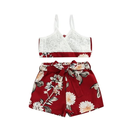 

Frobukio 2Pcs Toddlers Little Girls Outfit Summer Lace V-neck Sleeveless Cross Camisole + Floral Printing Shorts Set Red 3-4 Years