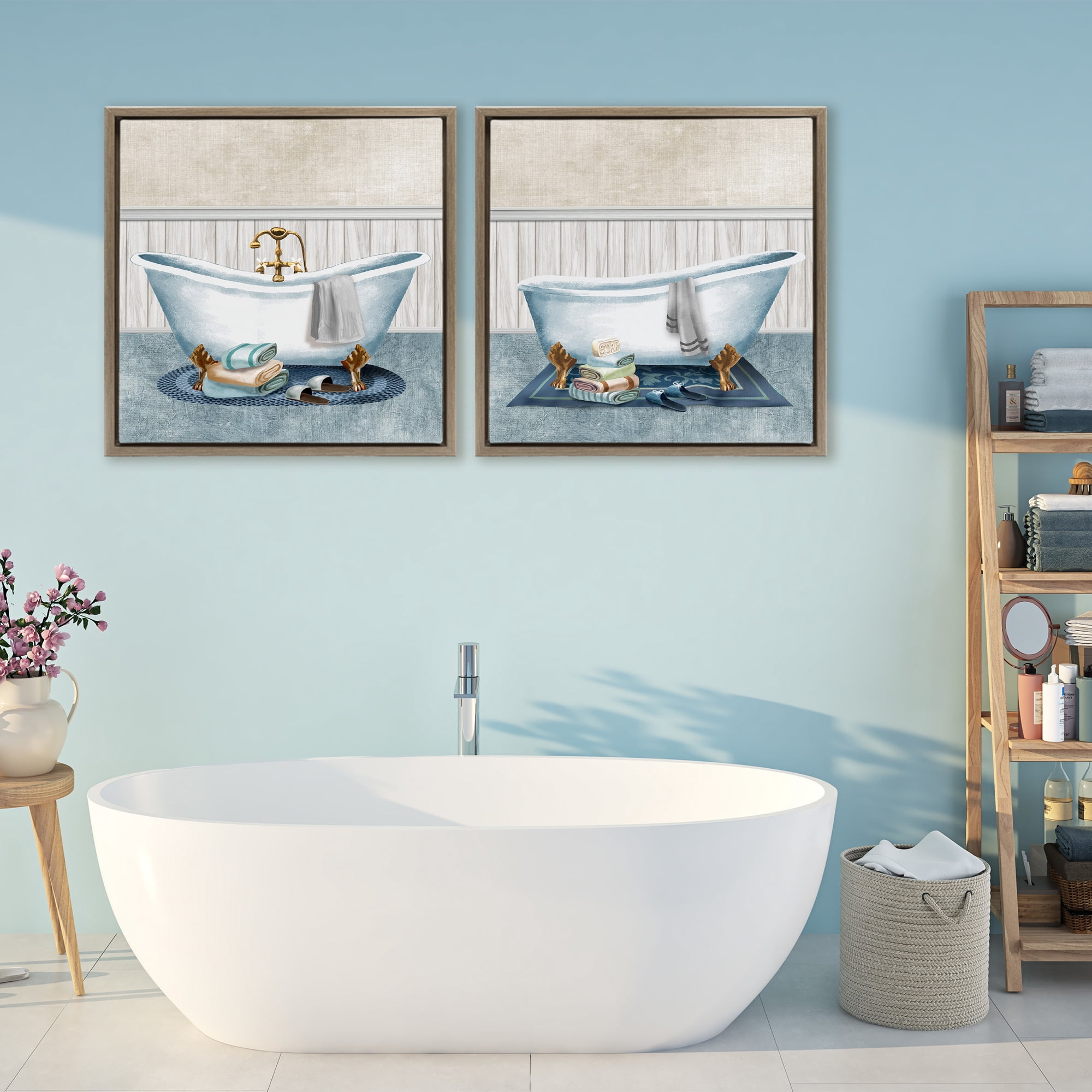 Stupell Industries Cozy Bathtub & Slippers 2 Piece Brown Framed Floater Canvas Set, design by Conrad Knutsen