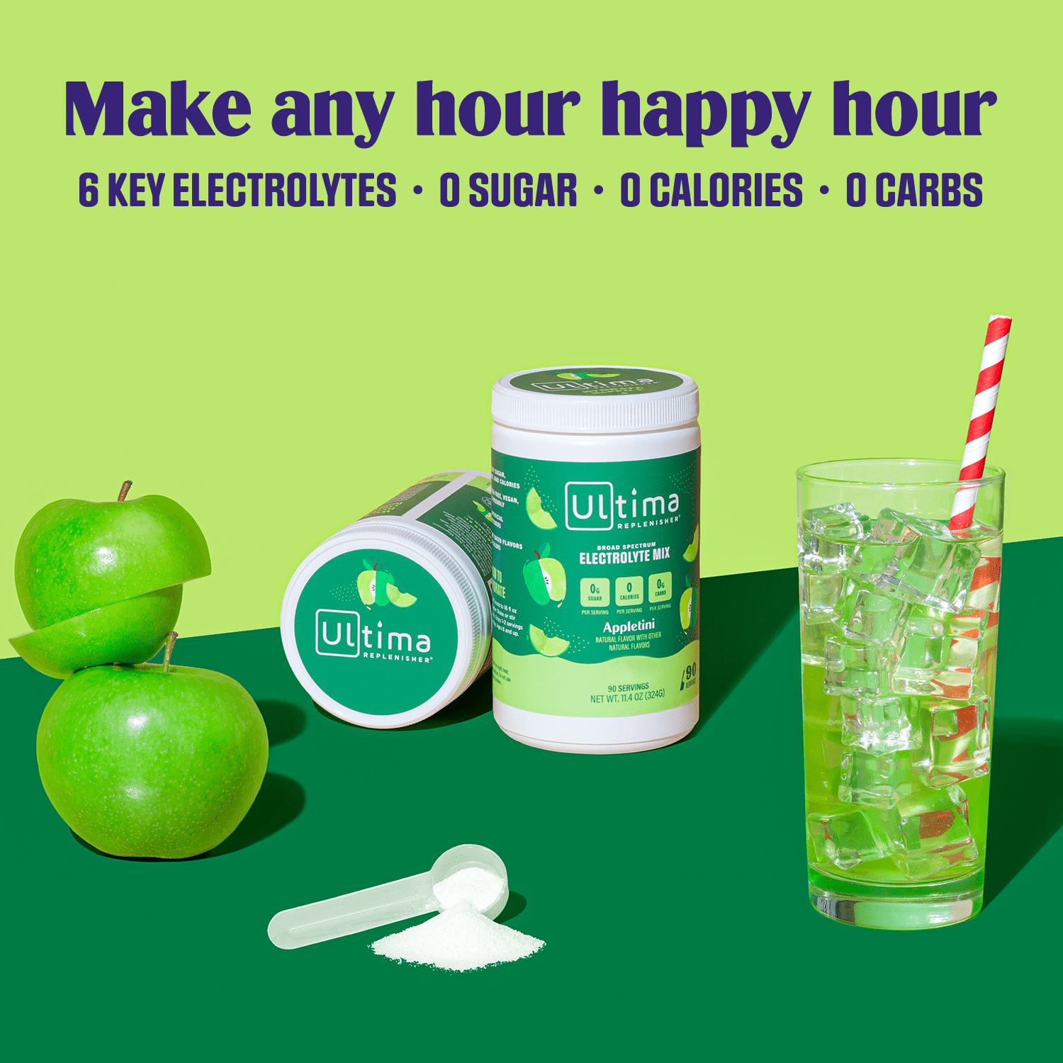 Ultima Replenisher Hydration Electrolyte Powder Drink Mix, Keto, Sugar-Free Appletini, 90 Servings