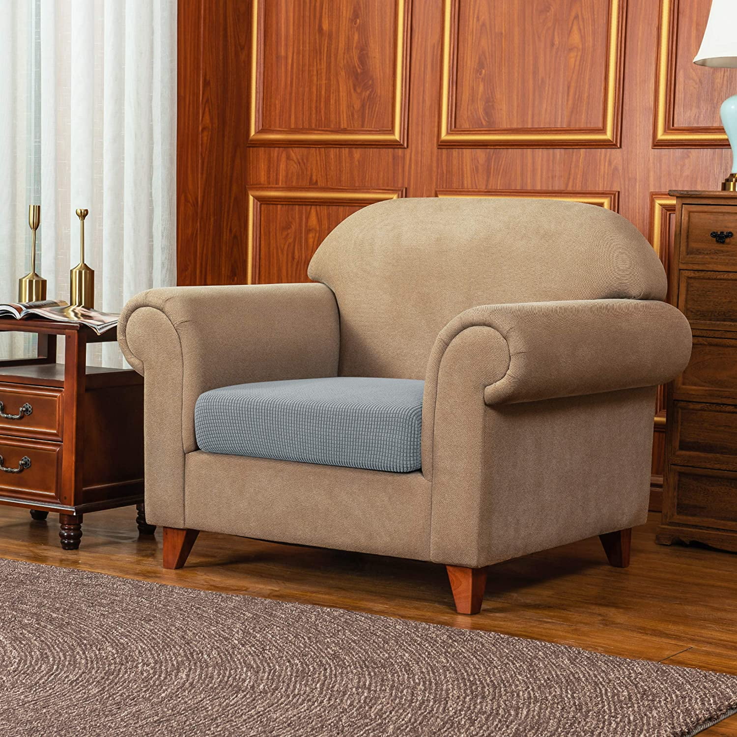 Subrtex Stretch Textured Grid Furniture Seat Cushion Slipcover (Armchair, Light Gray)