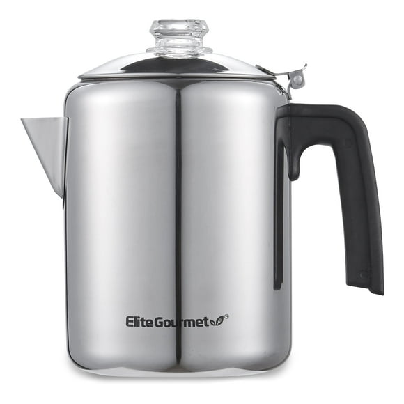 Elite Gourmet EC008 Cafetera clásica para estufa, perilla de progreso de preparación de vidrio transparente, mango de tacto frío, servicio inalámbrico, 8 tazas, acero inoxidable