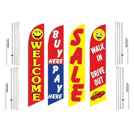 4 Swooper Flags With 4 Pole Kits Welcome Buy Pay Here Sale Walk In Drive Out