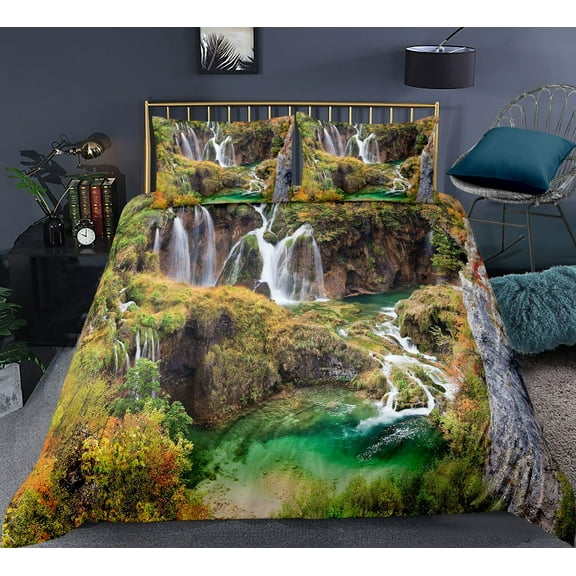 Nature Duvet Cover Waterfall Flowing Down s Cascade Valley Image Decorative Polyester for Bedroom De