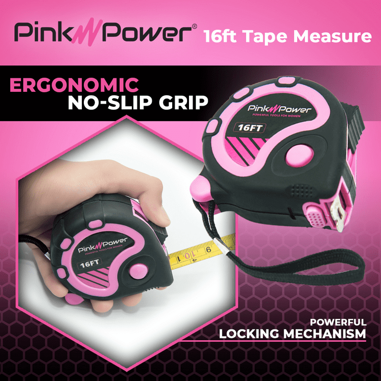 Pink Power 16ft Pink Tape Measure - Pink Measuring Tape Measure for Womens  Tool Kit with Retractable Blade and Lock Button - Girls Tape Measure for