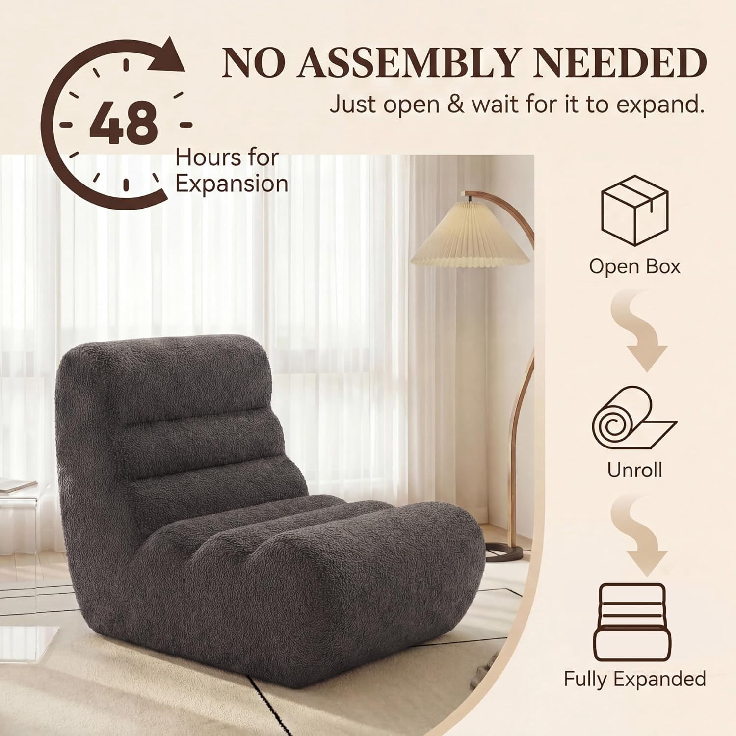 Springg Bean Bag Chairs for Adults, Chaise Lounge Chair Indoor with Memory Foam, Cozy Reading Chair with Convenient Movable Handle for Living Room, Apartment, Home Theater (Grey)