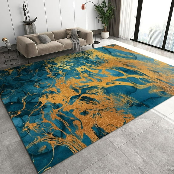 Modern Abstract Area Rugs, Golden Blue Fluid Pattern Outdoor Carpet, Modern Home Decor Non-Slip Backing Machine Washable Rug for Living Room Dining Apartment Decor Mats 2ft x 3ft