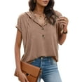 thumbnail image 2 of Tiweut Blouses Women Tops Short Sleeve Summer Loose Fit Solid Color Drawstring V Neck Button Hoodie Lady Tees Brown, 2 of 5