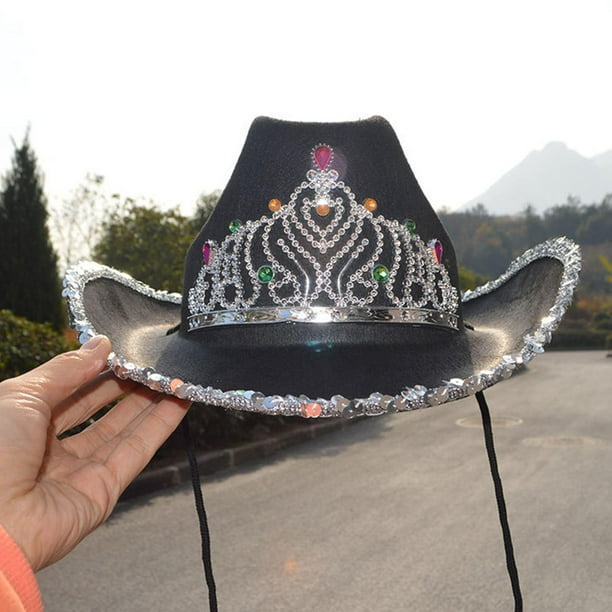 Chapeau de Cowboy Femme Chapeau de Cowboy avec Strass Paillettes Large  Halloween Cowgirl noir-01 