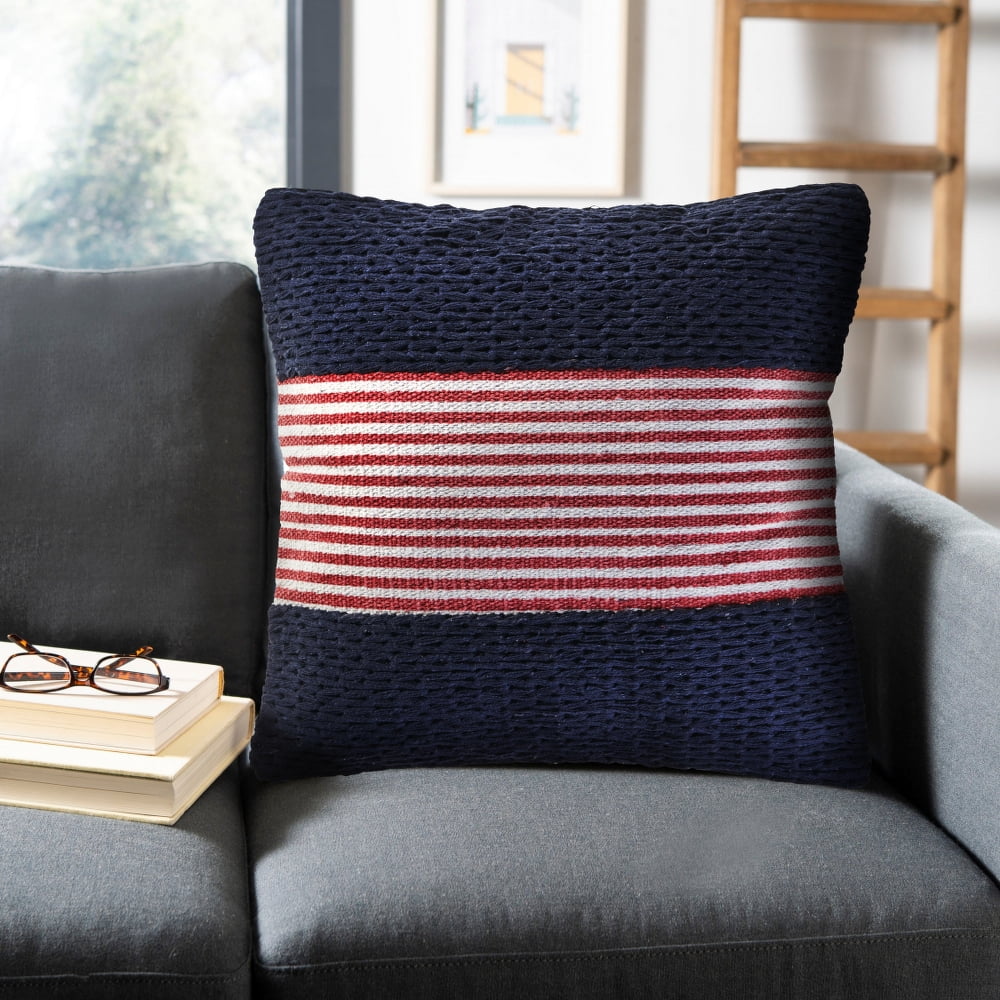 Ox Bay 20" x 20" Hand-Woven Blue/ Red Stripe Cotton Blend Pillow Cover