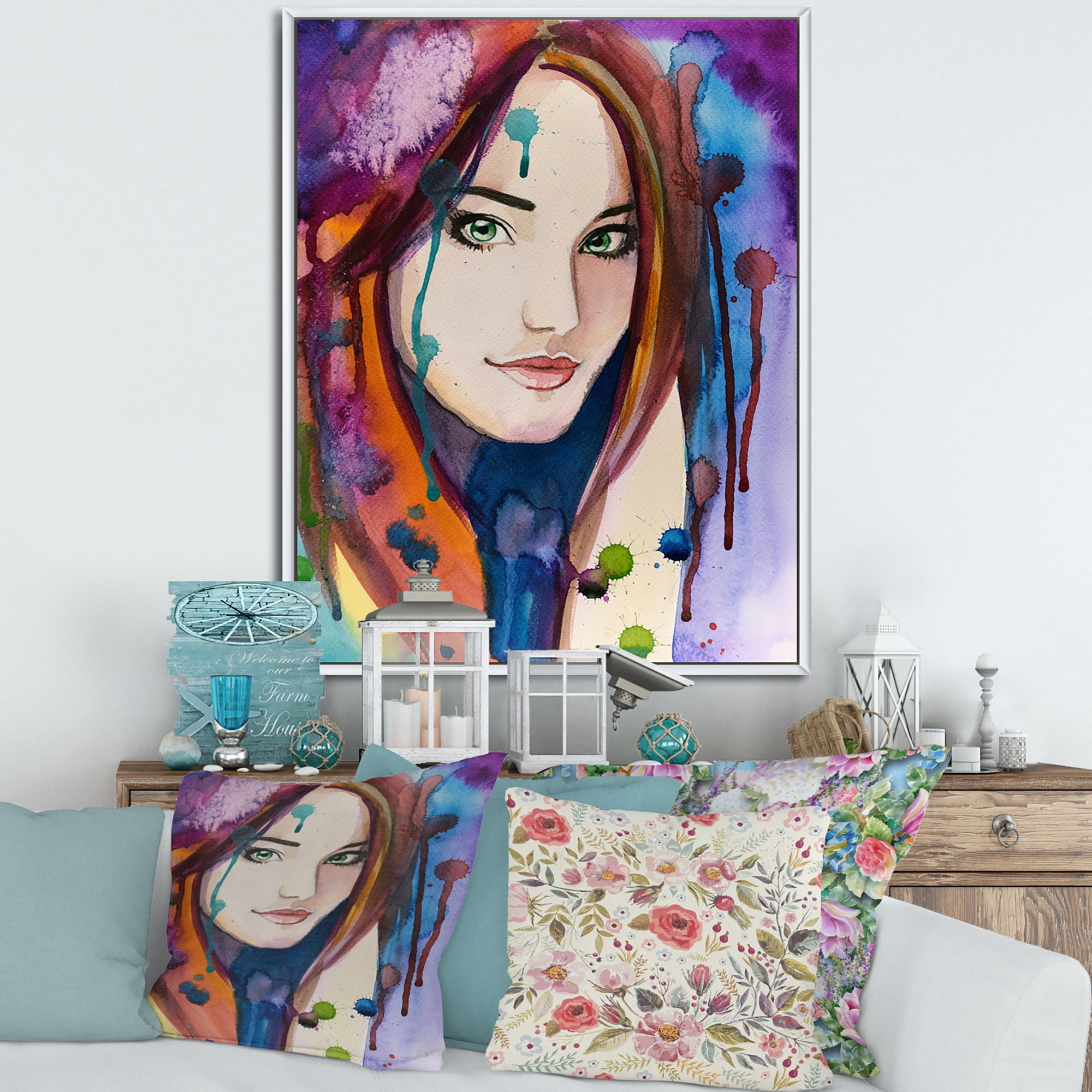 Designart 'Colorful Portrait Of Green Eyes Young Woman' Traditional Framed Canvas Wall Art Print