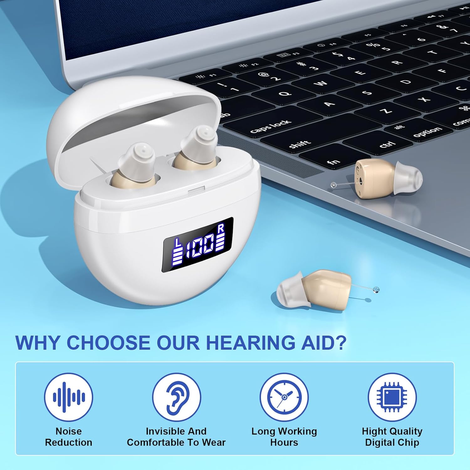 SUWU Rechargeable Digital Hearing Aids for the Elderly, Almost Invisible, with Noise Cancellation, Suitable for Hearing Loss Adults, Behind-the-Ear Hearing Aids, Easy to Control