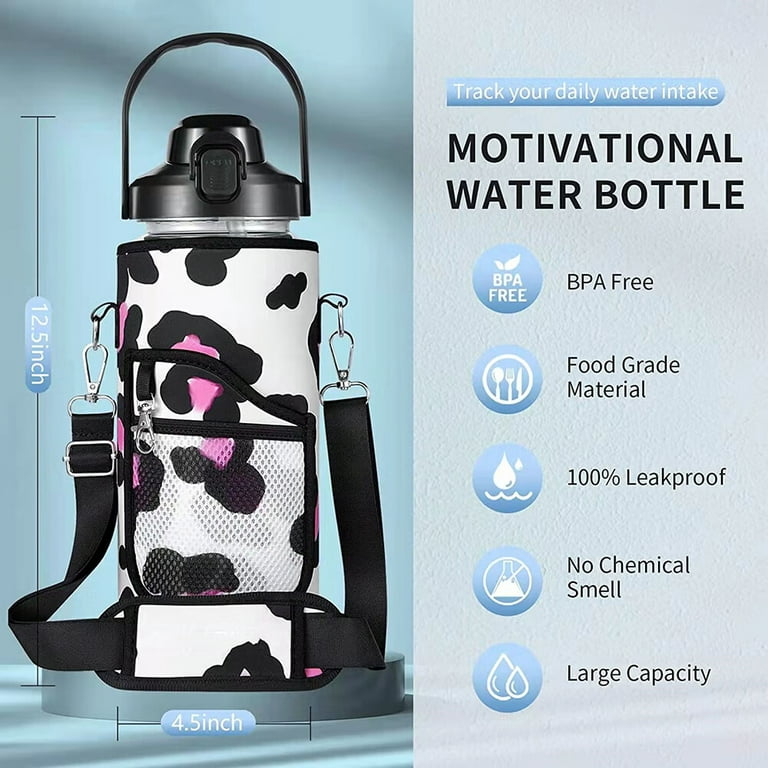 Klzo 64oz Motivational Water Bottle with Sleeve & Strap - Leakproof Tritan BPA-Free - Time Marker & Straw - Gym Water Jug for Women/Men - Includes