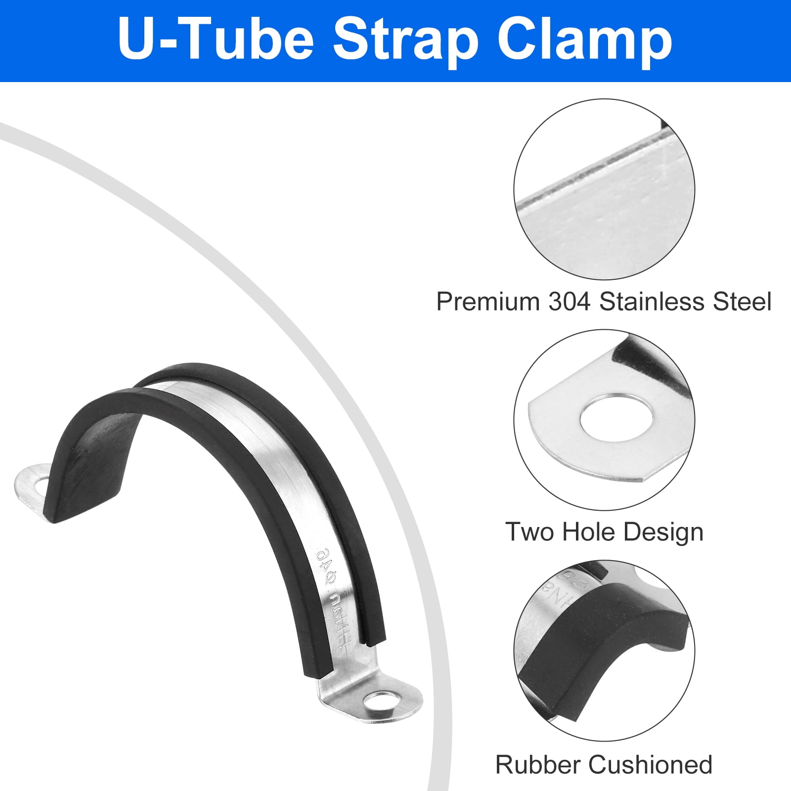 Uxcell 16Pack 46mm Cable Clamps, Stainless Steel Rubber Cushioned U-Tube Strap Clamp