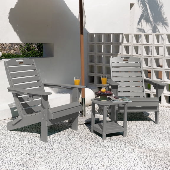 Folding Adirondack Chair Set of 2 Outdoor Fire Pit Chairs HDPE All-Weather with Cup Holder Patio Garden Gray