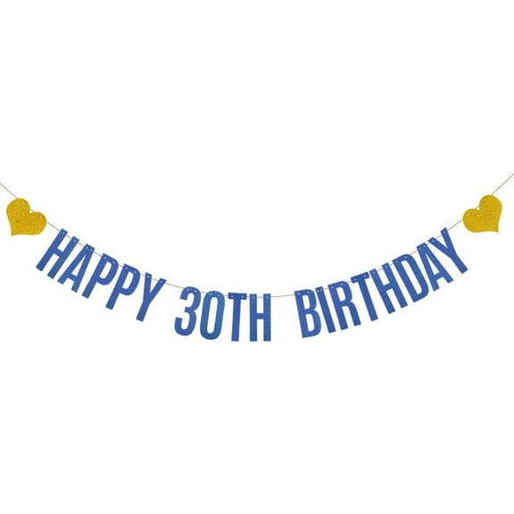 Happy 30th Birthday Banner, Pre-Strung,Blue Glitter Paper Garlands Banner for 30th Birthday Party Decorations Supplies, Letters Blue,