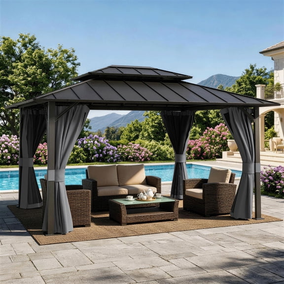 UDPATIO 10'x12' Hardtop Gazebo, Galvanized Steel Double Roof, Permanent Metal Gazebo for Garden, Outdoor Dining Parties, Grey