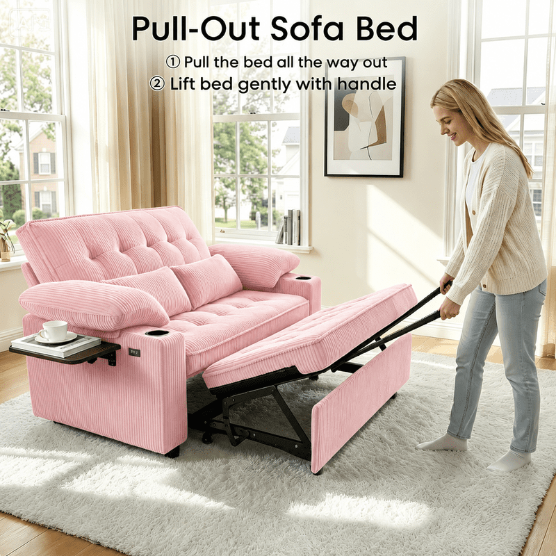58" Sleeper Sofa Bed, Full Size Pull Out Couch, Convertible Loveseat Sofa with 5-Level Adjustable Backrest, USB Charging Ports, Cup Holders & Foldable Side Table, for Living Room, Apartment & Office