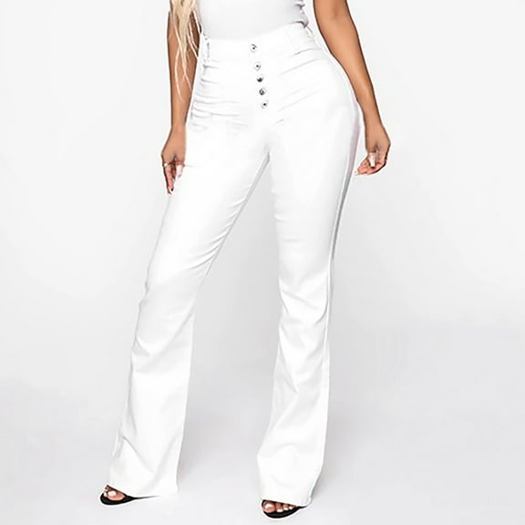 jjayotai Plus Size Women Pants Clearance Women's Jeans Fashion Middle-waisted Straight Pocket Hole Long Pants Flash Picks White