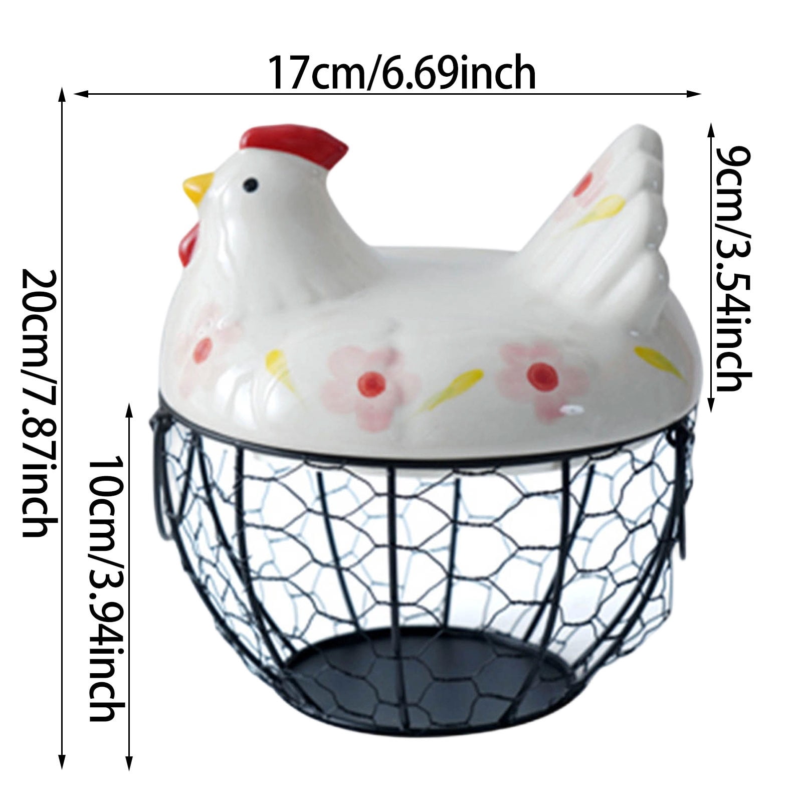 Farmhouse Egg Basket with Ceramic Lid, Black Wire Egg Holder for Fresh Eggs, Decorative Chicken Design Egg Storage Container, Kitchen Countertop Organizer Case for Eggs