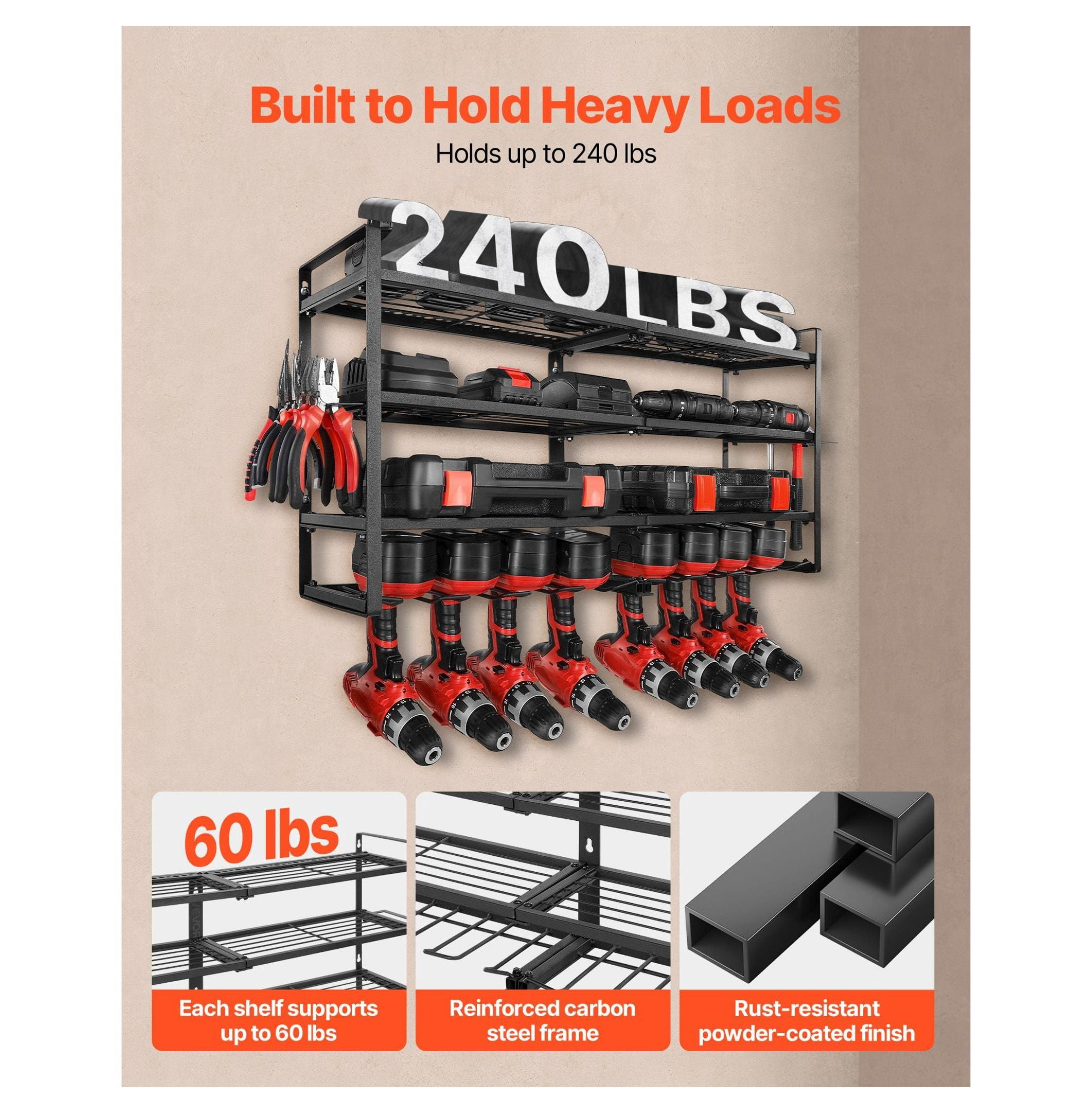 Power Tool Organizer Wall Mount, 4-Tier Garage Tool Storage Rack with 8 Drill Holders, Screwdriver Holder, Workshop Tool Organizer for Workbench