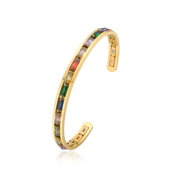 Stainless Steel Women Bangle Bracelet,Gold Plated Cuff Bracelet Colorful Tennis Cz Chunky Bangle For Ladies Hip Hop Wristband Jewelry Bracelets Adjustable