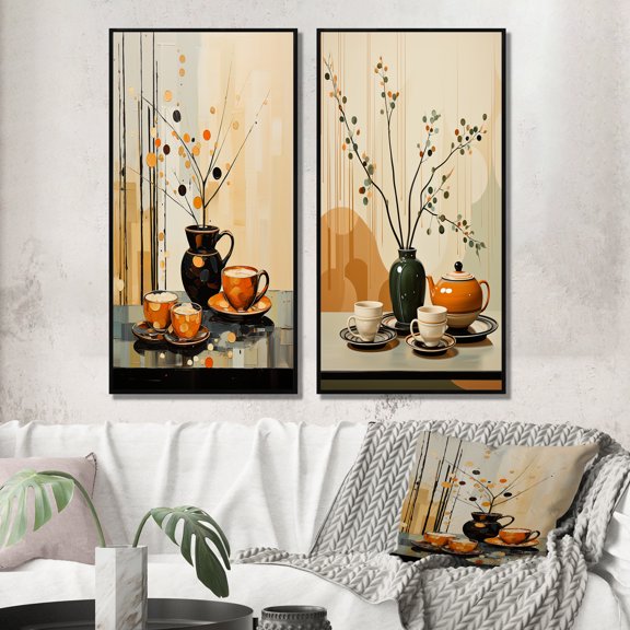Designart "Cafe Points Coffee Tea painting II" Coffee & Tea Framed Wall Art Set Of 2 - Multi-Color Food & Beverage Framed Canvas Set For Living Room Decor