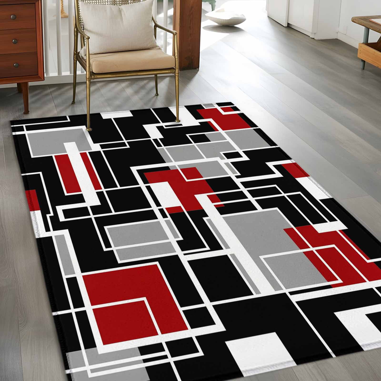 Red Black Geometric Area Rugs 3'x5', Washable Small Throw Rugs for Living Room Bedroom, Modern Color Block Abstract Indoor Outdoor Rug Non-Slip Low Pile Carpet Runner Reversible Floor Mats