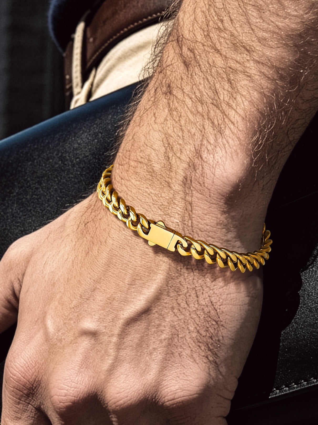 Bandmax 7MM Wide Cuban Chain Bracelet for Men Women Father's Day Gift for Son Dad Husband Stainless Steel 14K Gold Plated Hip Hop Biker Wristlet Anklet Chain Jewelry