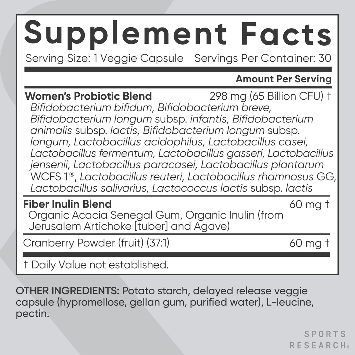 Sports Research® Women's Probiotics w/ Prebiotics 65 Billion CFU Vegan Gut Health Digestive (30 Veggie Capsules)