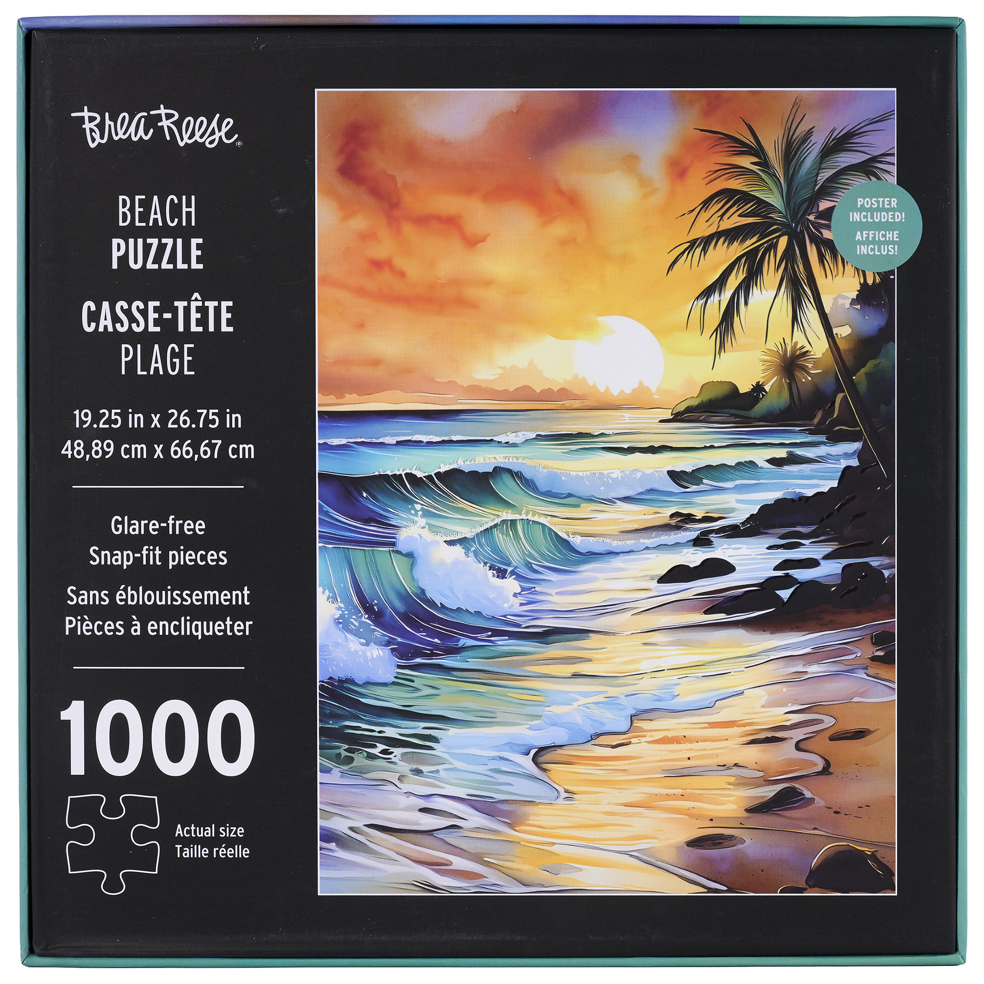 Brea Reese: 1000 Piece Puzzle - Beach - Waves & Palm Trees Sunset Scene, Adult Jigsaw, UV Varnish Accents, Image Reference Poster, 19.25 x 26.75"