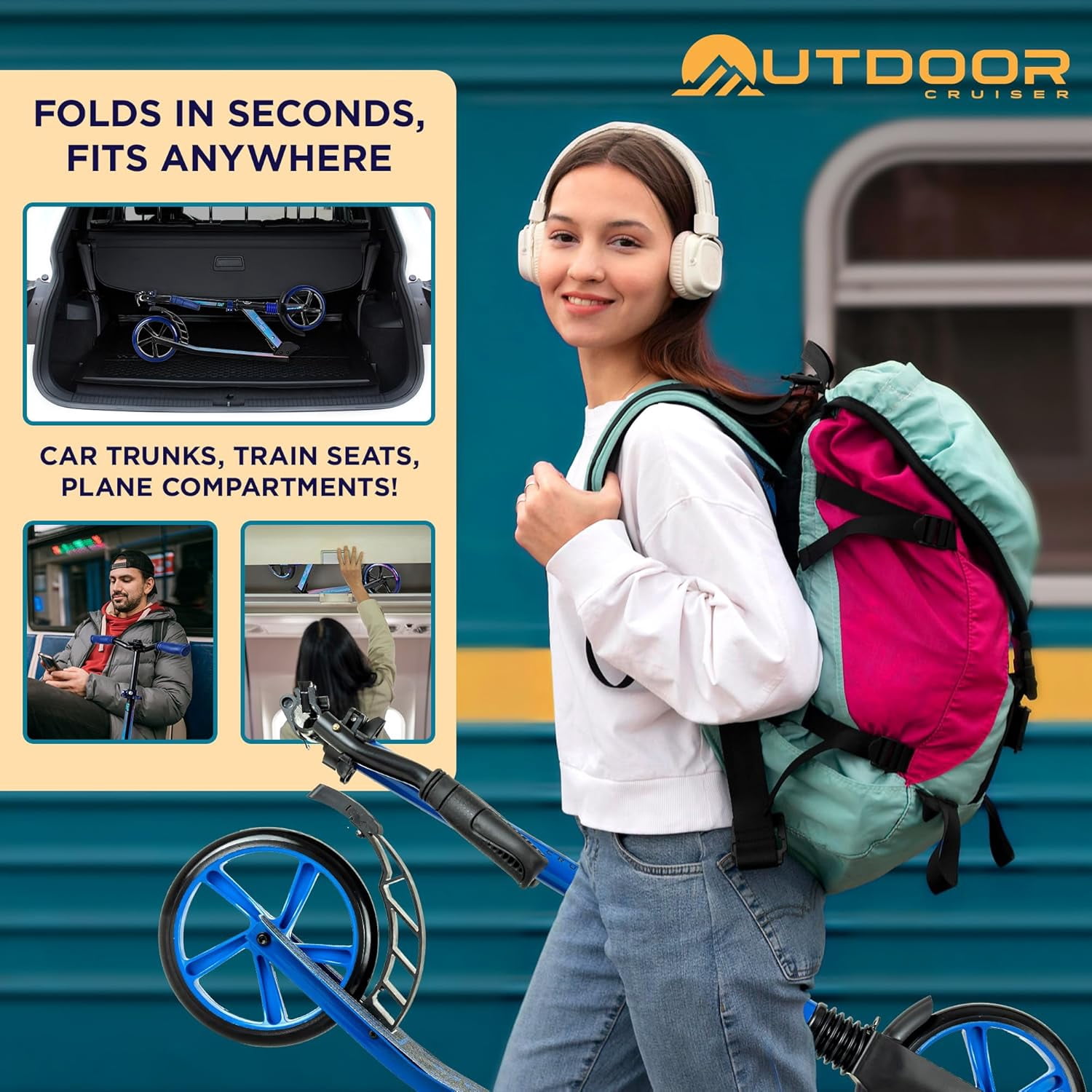 OutdoorCruiser Kick Scooter for Ages 6+, Kids, Teens & Adults, Foldable, Dual Suspension, 3-Level Adjustable Handlebar, Child Safety Approved, Blue