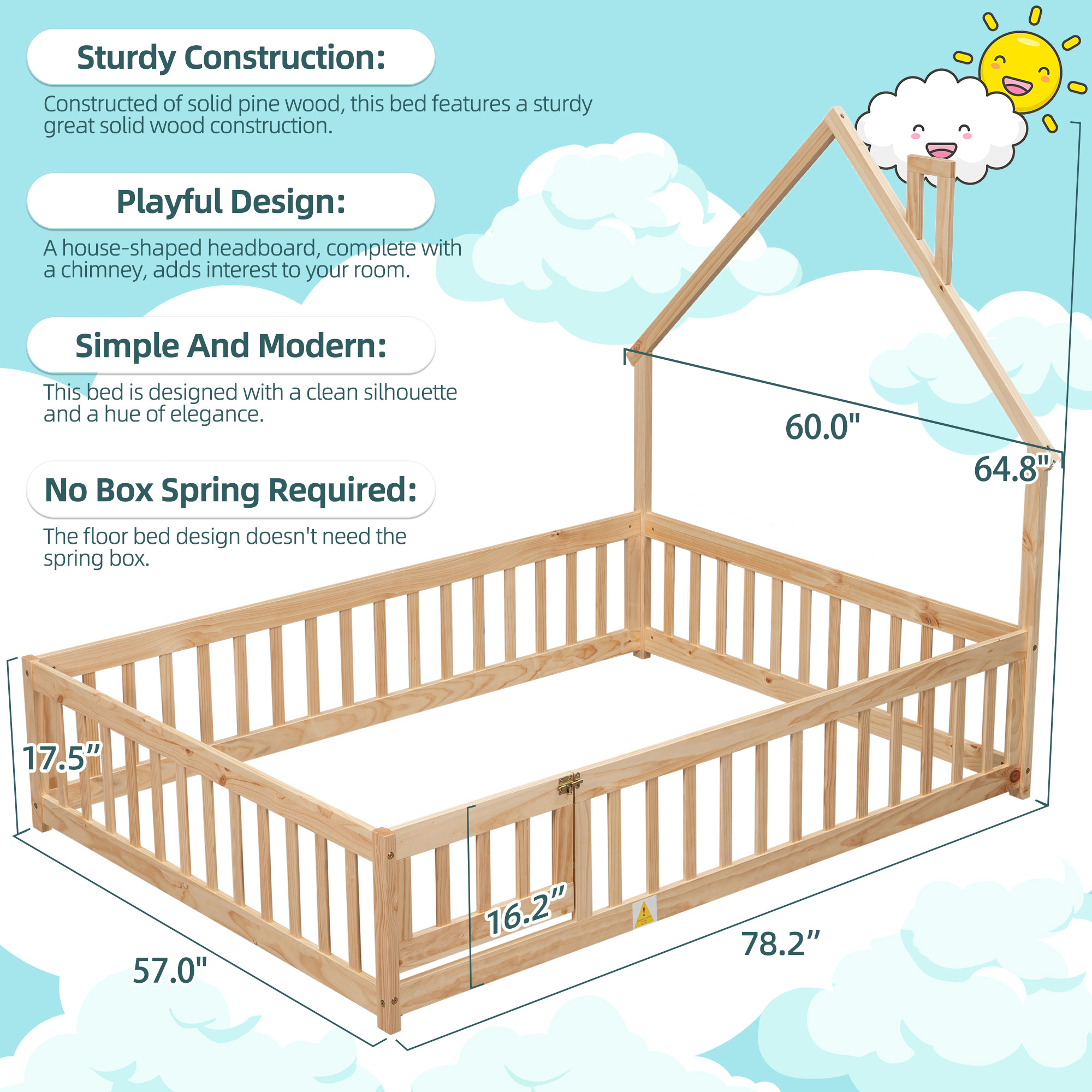 PORKISS Full Size House Platform Bed for Kids with House-Shaped Headboard, Low Floor Bed with Guardrails Fence, Natural
