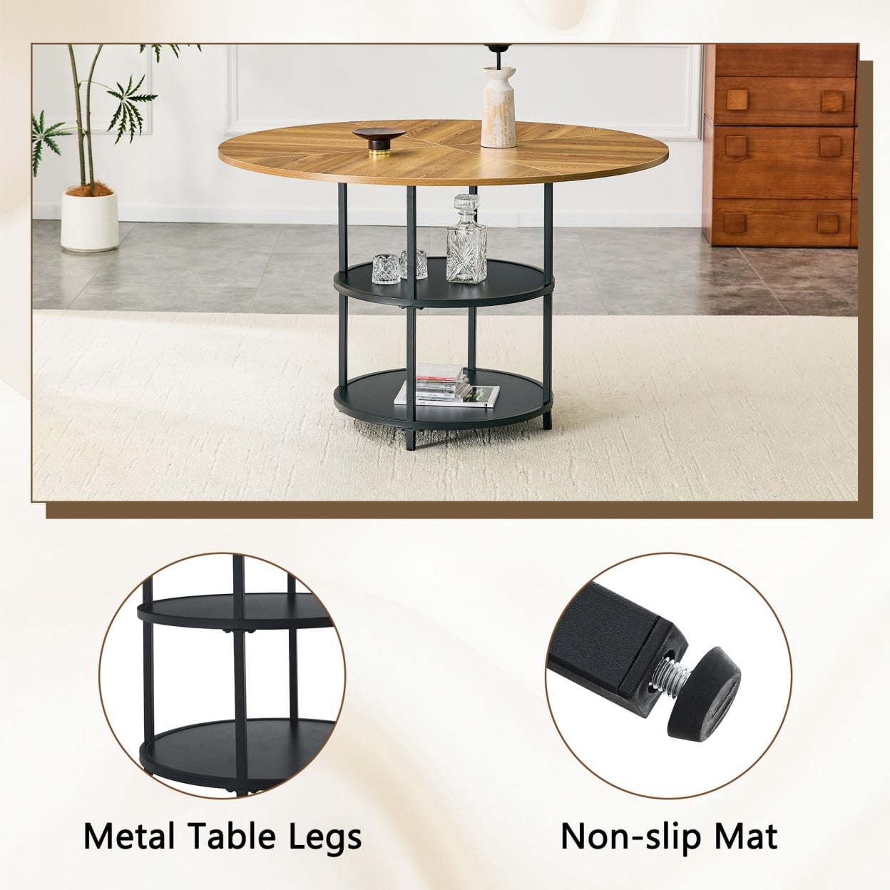 47.3" Round Dining Table for 4-6, Modern Farmhouse Kitchen Table with Double Layer Storage Shelf, Wood MDF Top, Metal Base for Dining Room