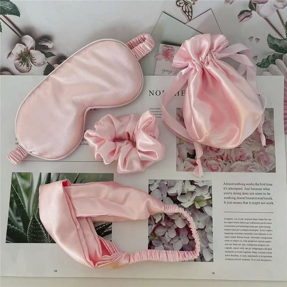 4pc Soft Silk Satin Sleep Eye Mask Gift Set Includes Eyemask, Headband, Srunchie, Gusset Drawstring Bag in Color Baby Pink by Kessom