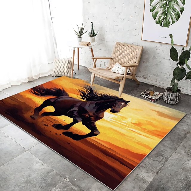 Washable Area Rug 3 X 5 ft, Lightweight Low-Pile Animals Freedom Horse Printed Area Rug, Kitchen Indoor Non Slip Carpet Floral Brown Orange Print Mat Living Room Bedroom Dining Room
